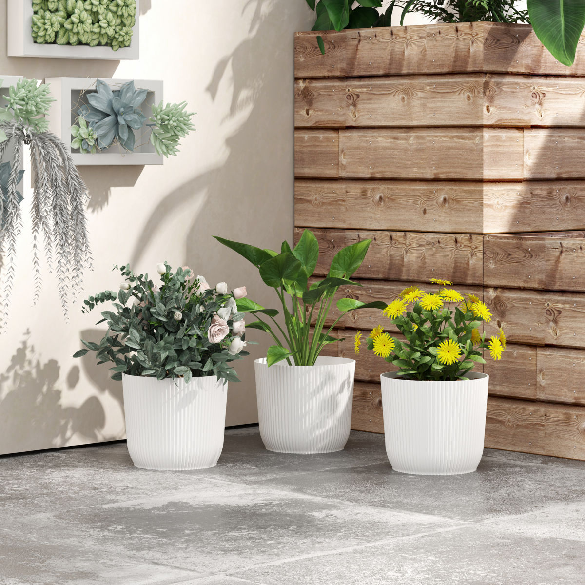 Outsunny 3-Pack Round Plant Pots 22cm White Stackable Outdoor Garden - Image 7