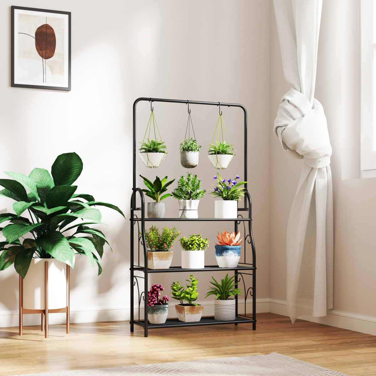 Outsunny 3-Tier Metal Plant Stand w/ Hanging Hooks, Outdoor Balcony, Black - Image 7