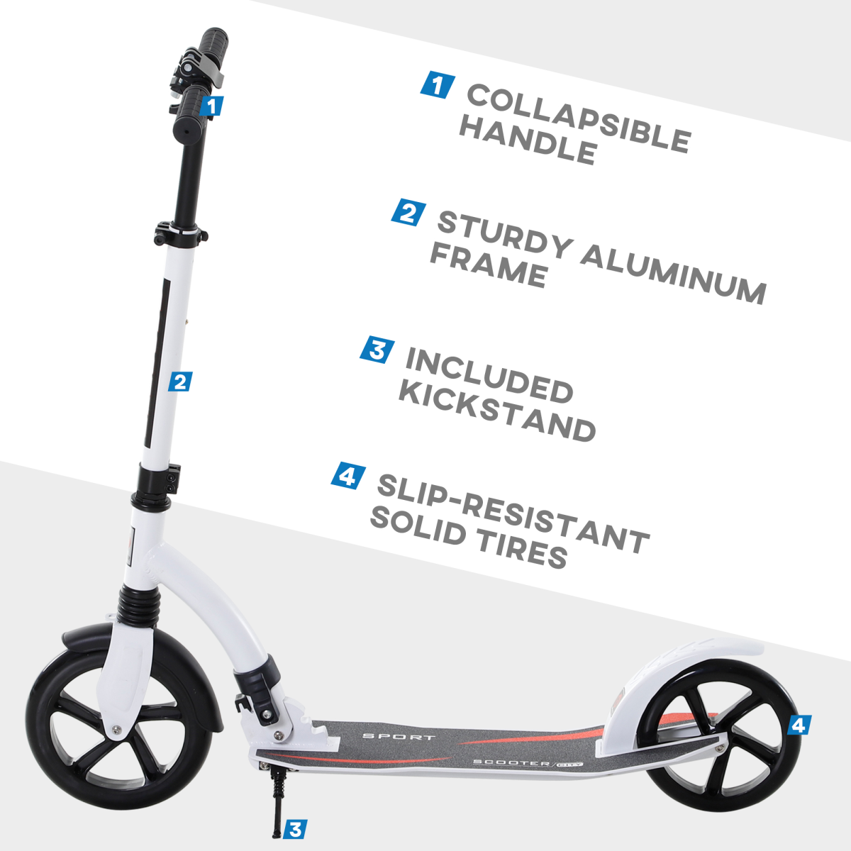 Teens Adult Kick Scooter Foldable Adjust Aluminum For Age 14 White HOMCOM - Image 7