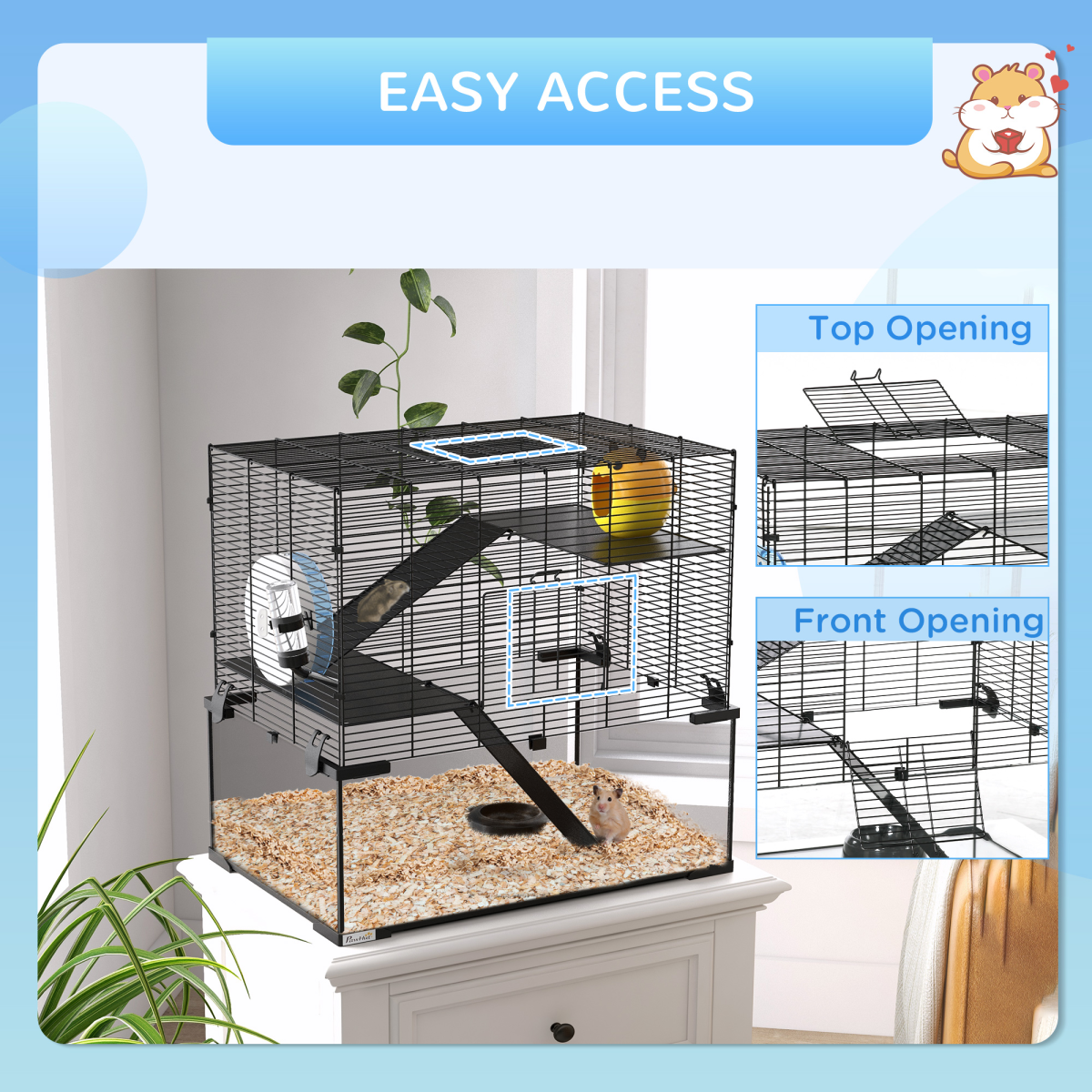 3 Tiers Hamster Cage w/ Deep Glass Bottom, Dish, Hut, 60 x 40 x 57cm - Image 8