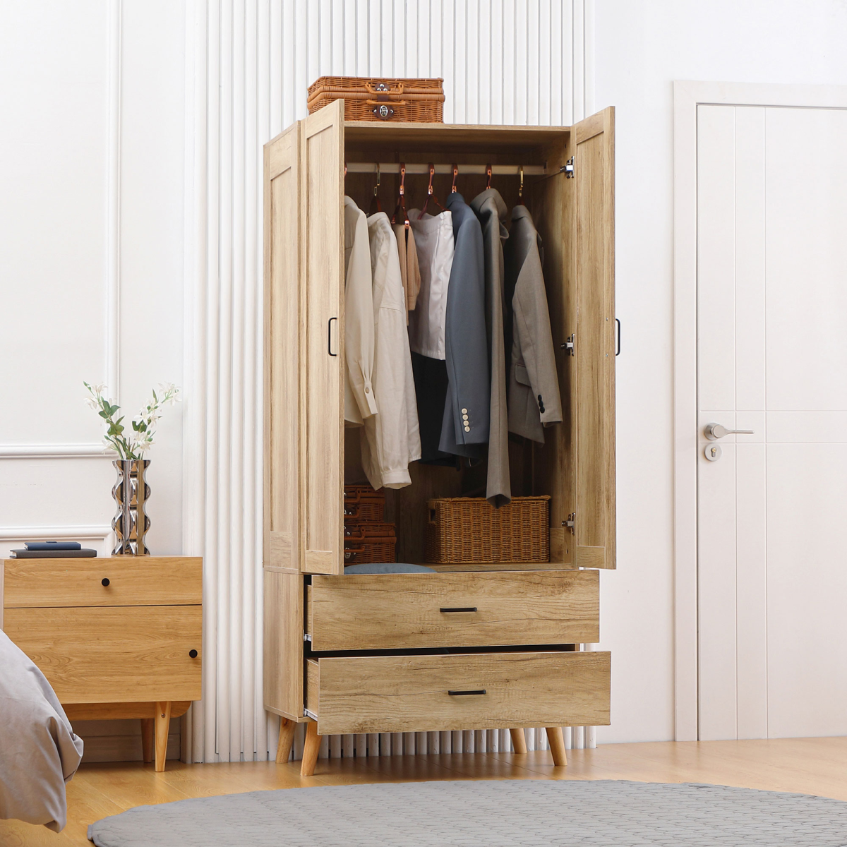 2 Door Wardrobe, Modern Wardrobe w/ 2 Drawer, Hanging Rail for Bedroom Natural - Image 8