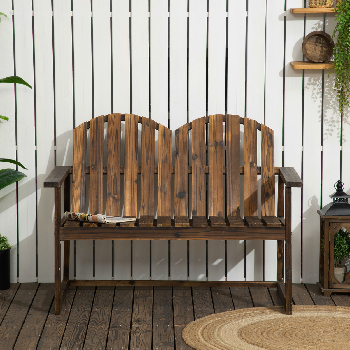 Outdoor Wooden Garden Bench, Patio Loveseat Chair with Slatted Backrest and Smooth Armrests for Two People