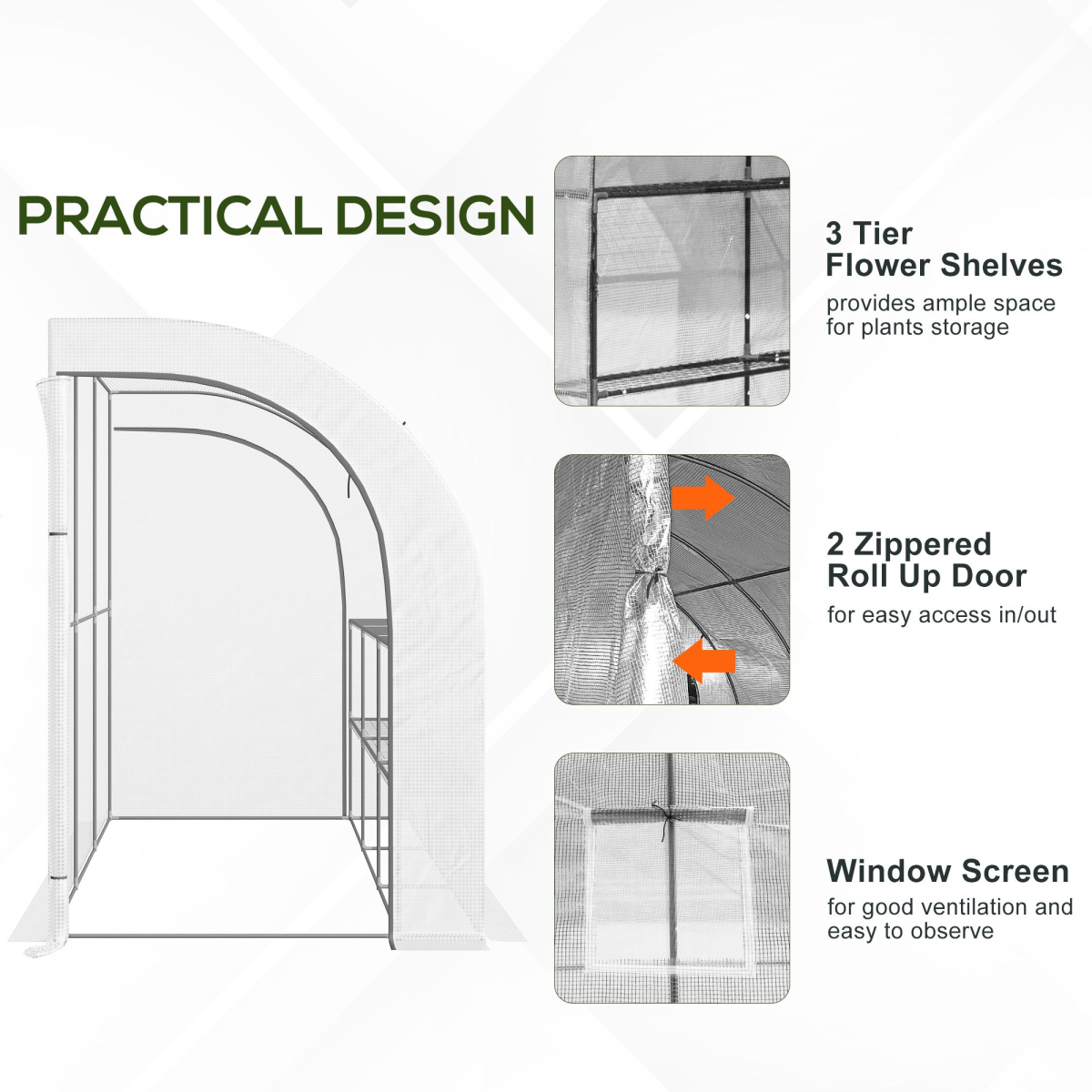 300x150x213cm Lean-to Plant Greenhouse w/ Cover Window, Zip Doors & Shelves, White - Image 8