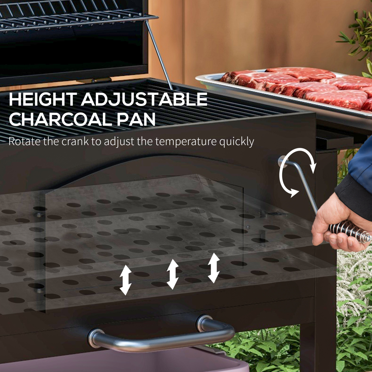 Outsunny 3-in-1 Charcoal BBQ Trolley Smoker w/ Adjustable Charcoal & Thermometer - Image 8