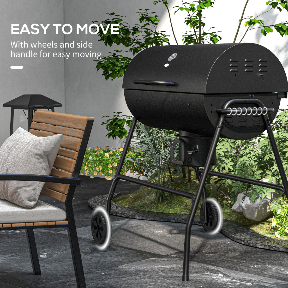 Outsunny Barrel Charcoal BBQ Grill Trolley w/ Ash Catcher & Thermometer, Black - Image 8