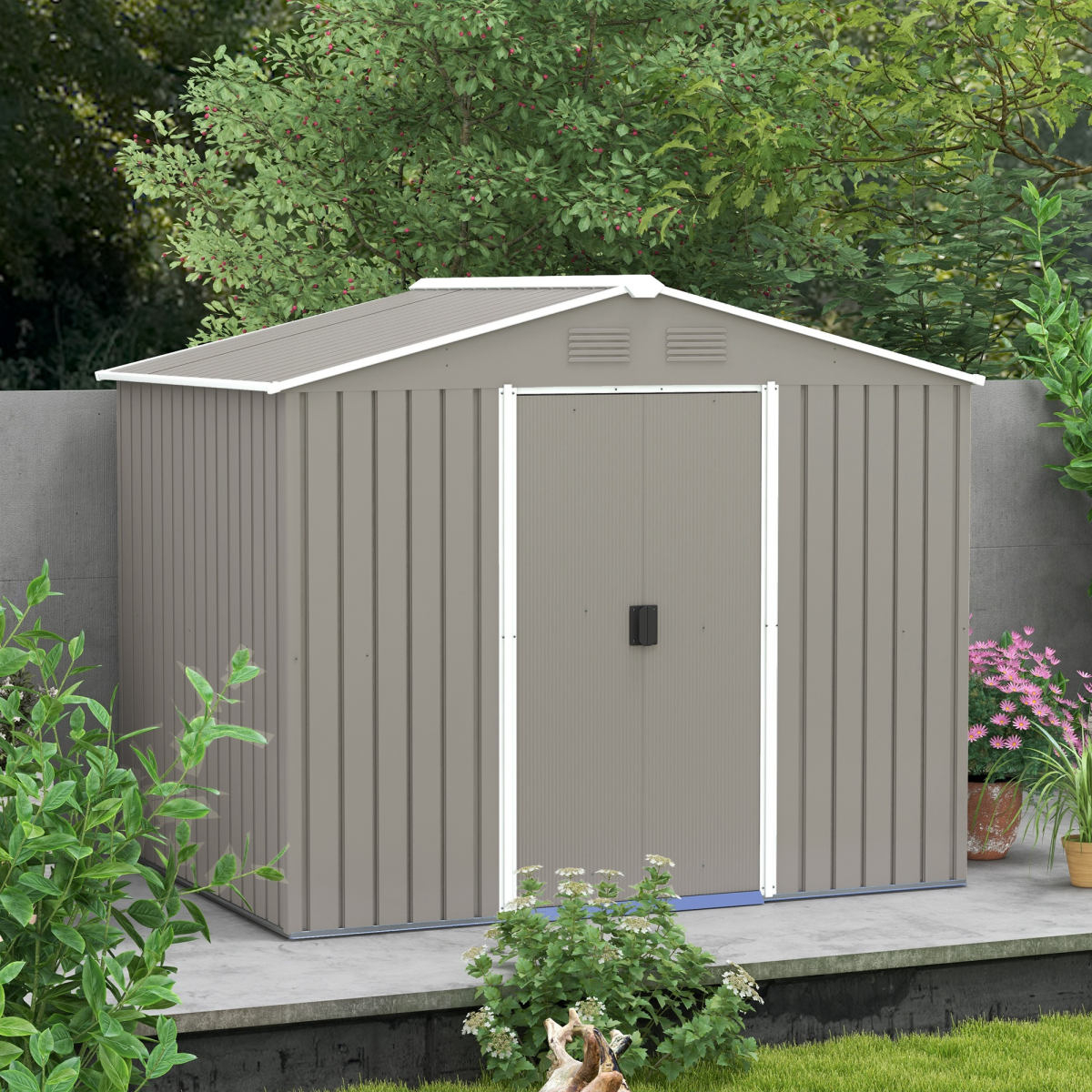Outsunny 8 x 6ft Garden Storage Shed w/ Double Sliding Door Outdoor Light Grey - Image 8