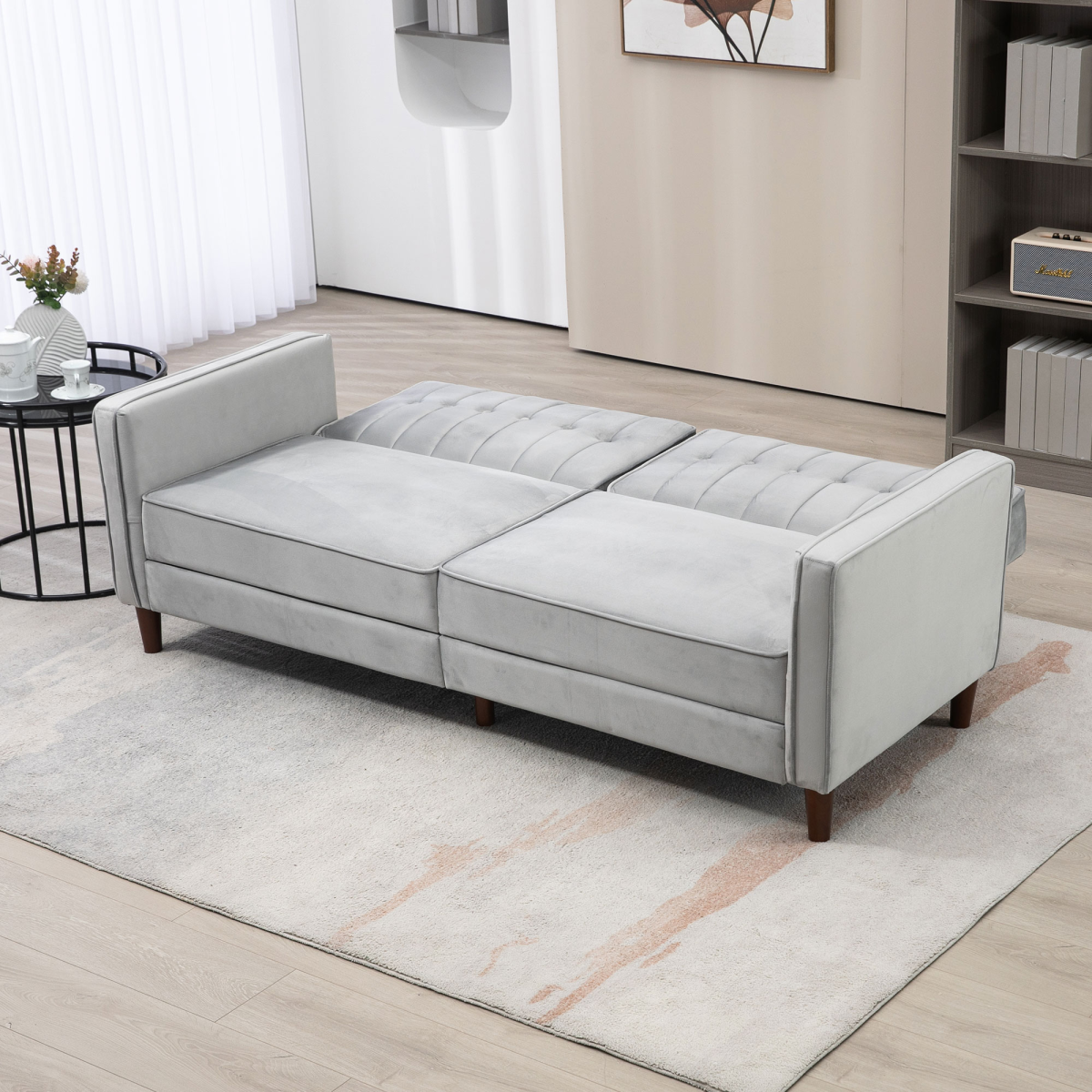 HOMCOM Convertible Sofa Futon Velvet-Touch Tufted Couch Sofa Bed Split Back Grey - Image 8