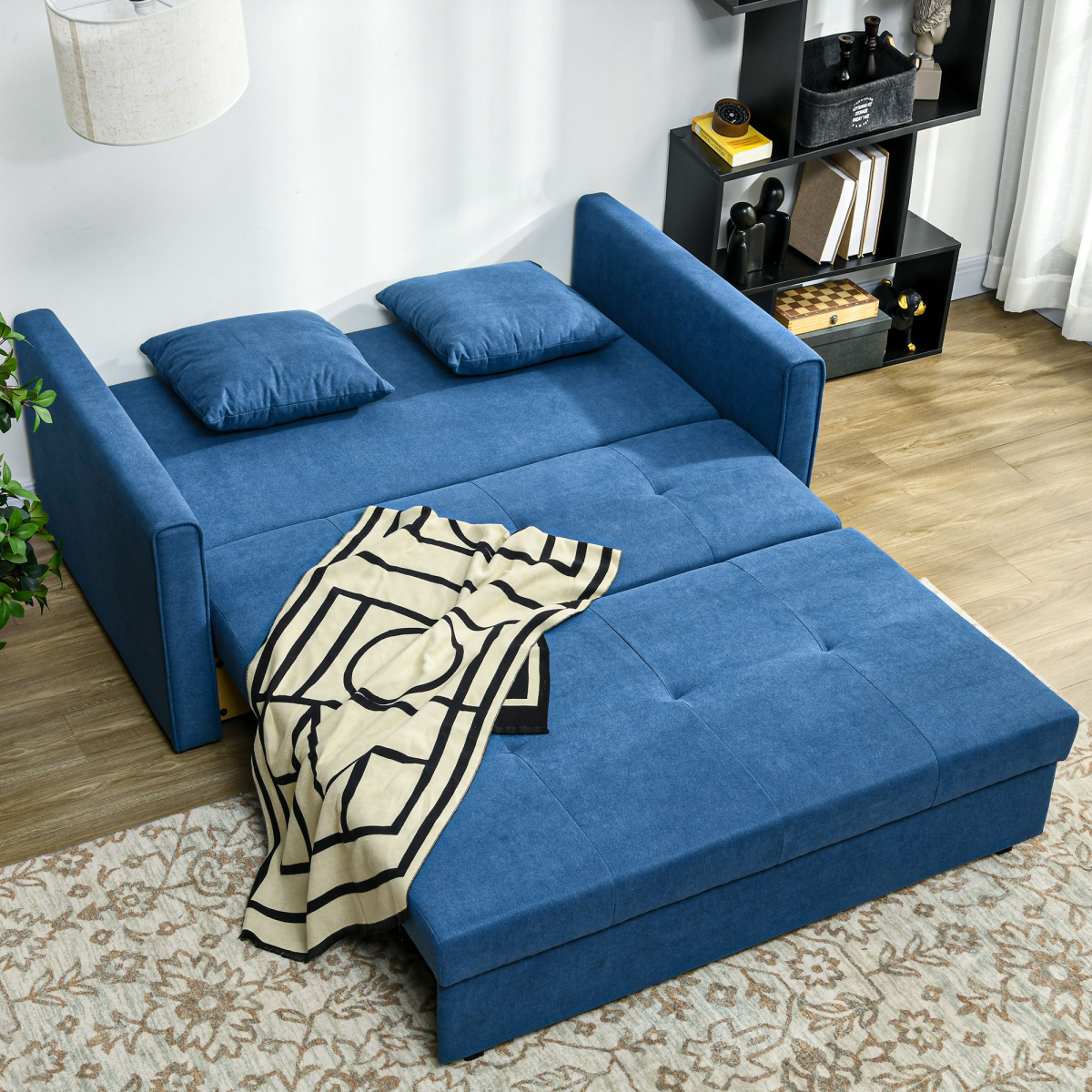 HOMCOM 2 Seater Sofa Bed Convertible Bed Settee w/ 2 Cushions Storage Blue - Image 8