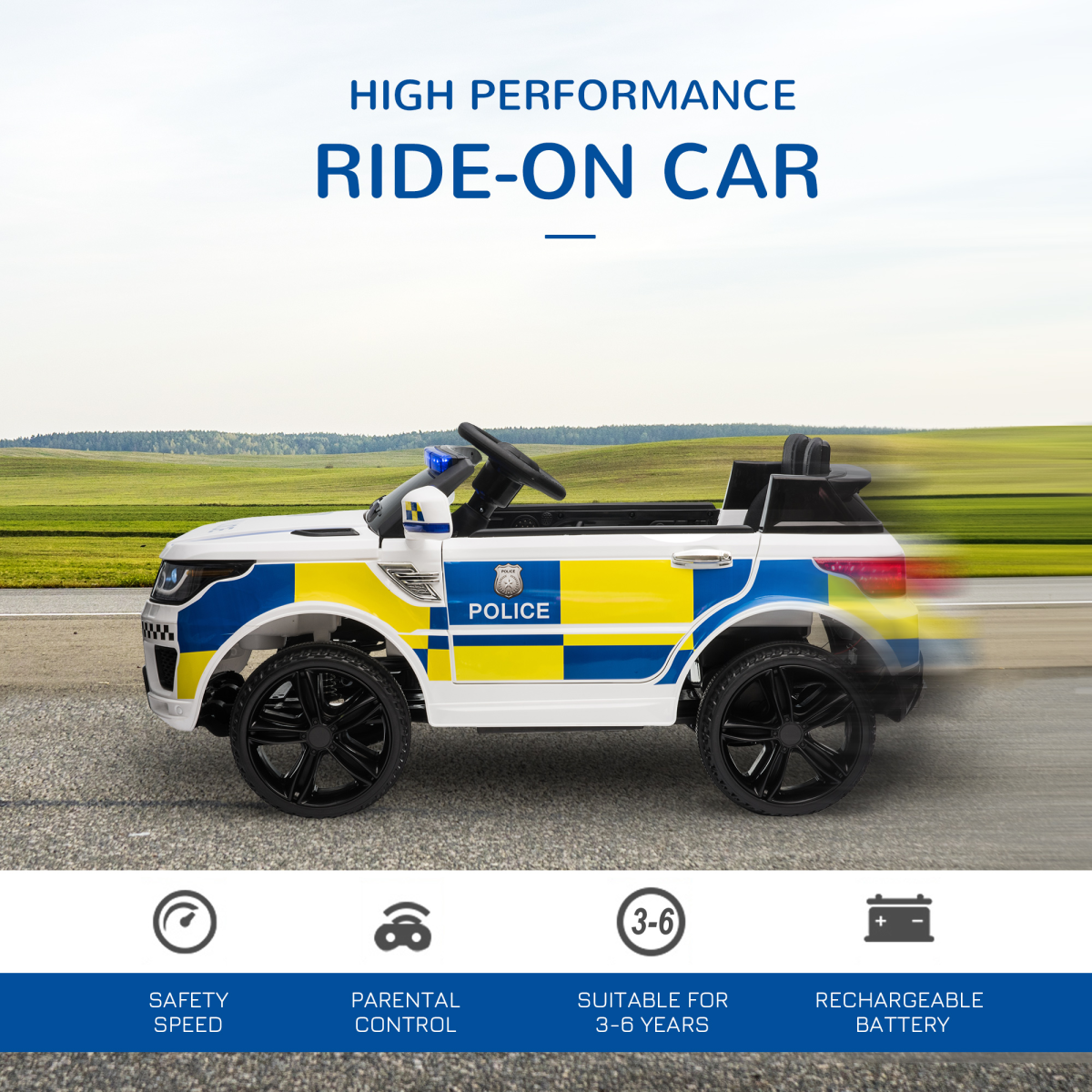 12V Kid Electric Ride On Police Car w/ Remote Siren Bluetooth 3-6 Years HOMCOM - Image 8