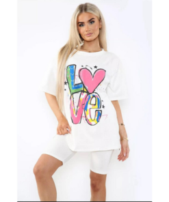 Cycling Short and T-Shirts Co-Ord Two Piece Side Slit Set with Front Printed Slogan