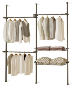 Double Black With Baskets Telescopic Wardrobe Organiser Hanging Rail Clothes Rack Adjustable Storage Shelving
