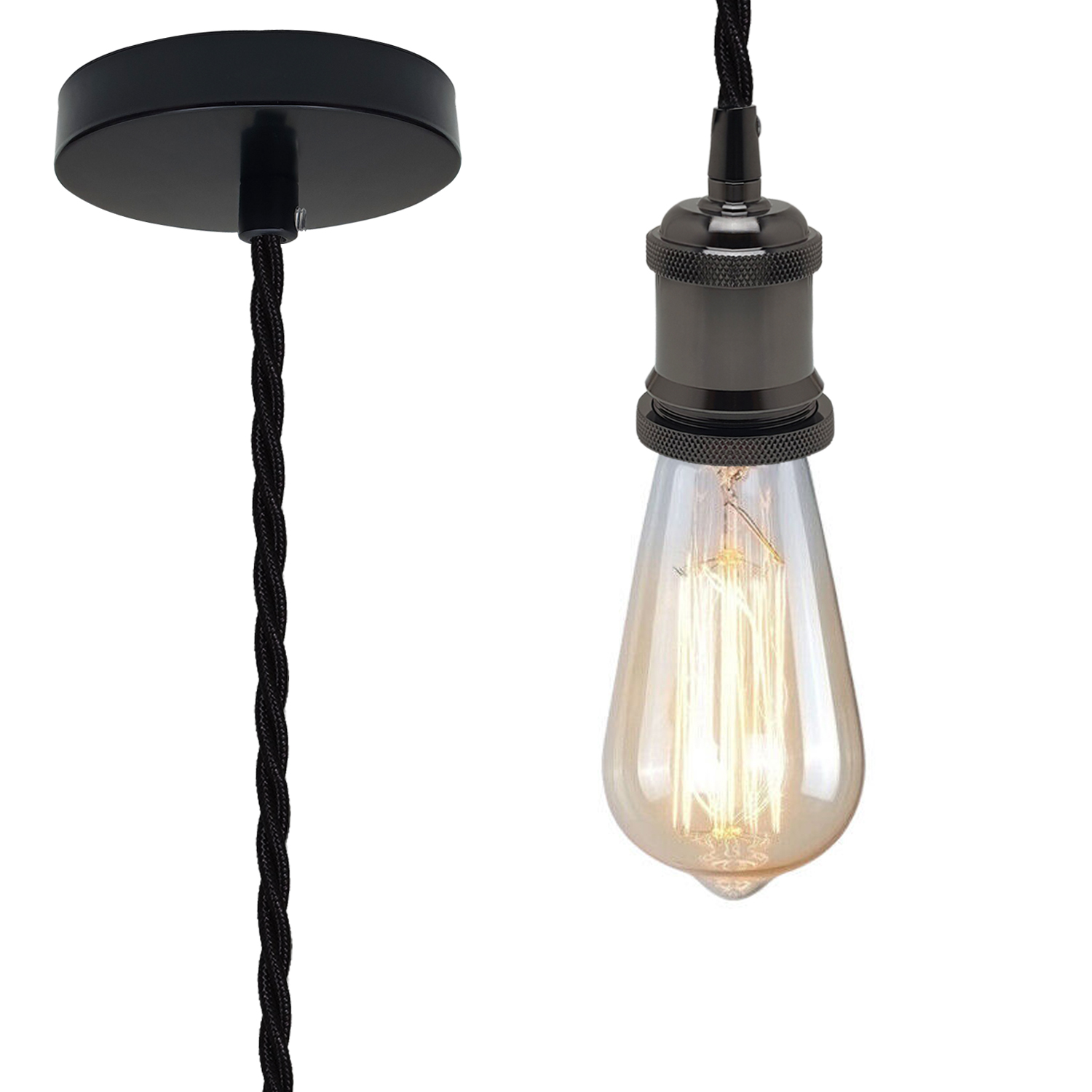 2m Black Twisted Cable Pendant E27 Base Shiny Black Holder~1729 - Image 2