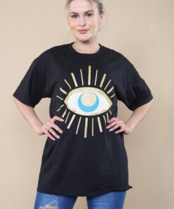 Ladies Oversized Sequin Eye Printed Short Sleeves T Shirt Top