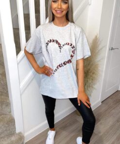 Ladies Oversized Printed Heart Short Sleeves T Shirt Top