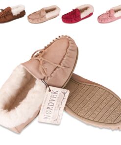 Nordvek Womens Sheepskin Suede Moccasin Slippers With Rubber Sole - 417-100