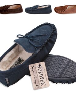 Nordvek Mens Sheepskin Suede Moccasin Slippers With Rubber Sole - 422-100
