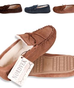 Nordvek Womens Sheepskin Suede Moccasin Slippers With Rubber Sole - 430-100
