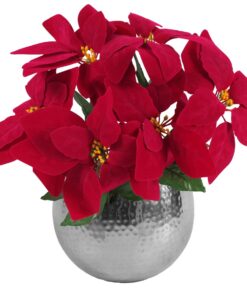 Artificial Christmas Xmas Red Poinsettia 40cm Silver Curved Metal Planter