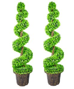 120cm Pair of Green Large Leaf Spiral Topiary Trees with Decorative Planters