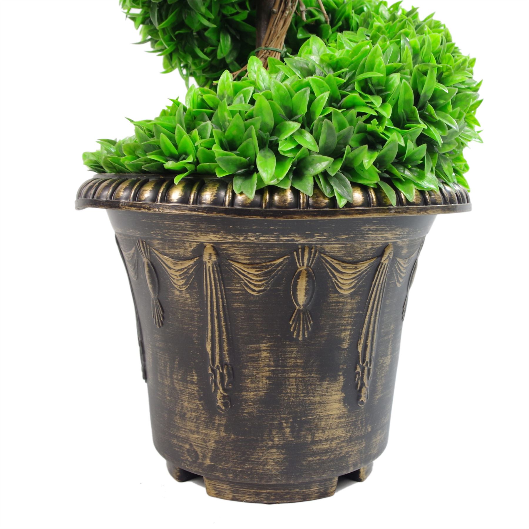 120cm Pair of Green Large Leaf Spiral Topiary Trees with Decorative Planters - Image 3