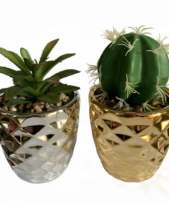 15cm Set of Two Silver and Gold Ceramic Planters with Artificial Cactus and Dracaena
