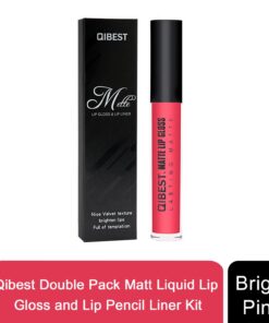 Qibest Double Pack Matt Liquid Lip Gloss and Lip Pencil Liner Kit, Bright Pink