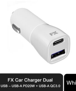 FX Car Fast Charger Dual USB - USB-A PD20W + USB-A QC3.0, White