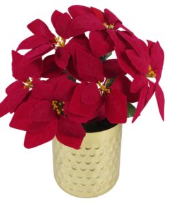Artificial Christmas Xmas Red Poinsettia 40cm Gold Honeycomb Metal Planter