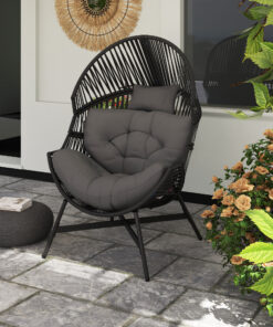 Rattan Garden Egg Chair with Headrest, Charcoal Grey
