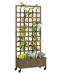 Outsunny Wooden Trellis Planter, Raised Garden Bed with Wheels and Bed Liner
