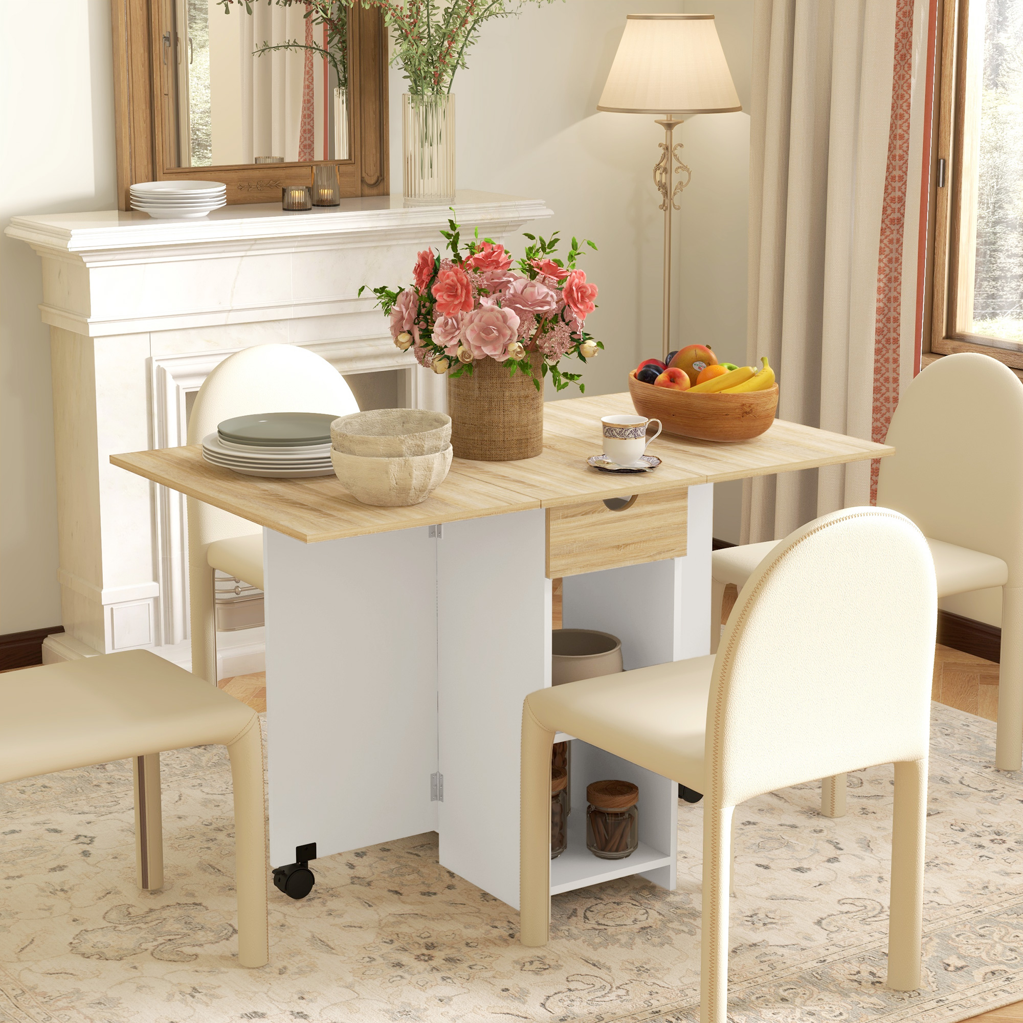 HOMCOM Foldable Dining Table, Drop Leaf Table with Storage for Kitchen, Oak - Image 2