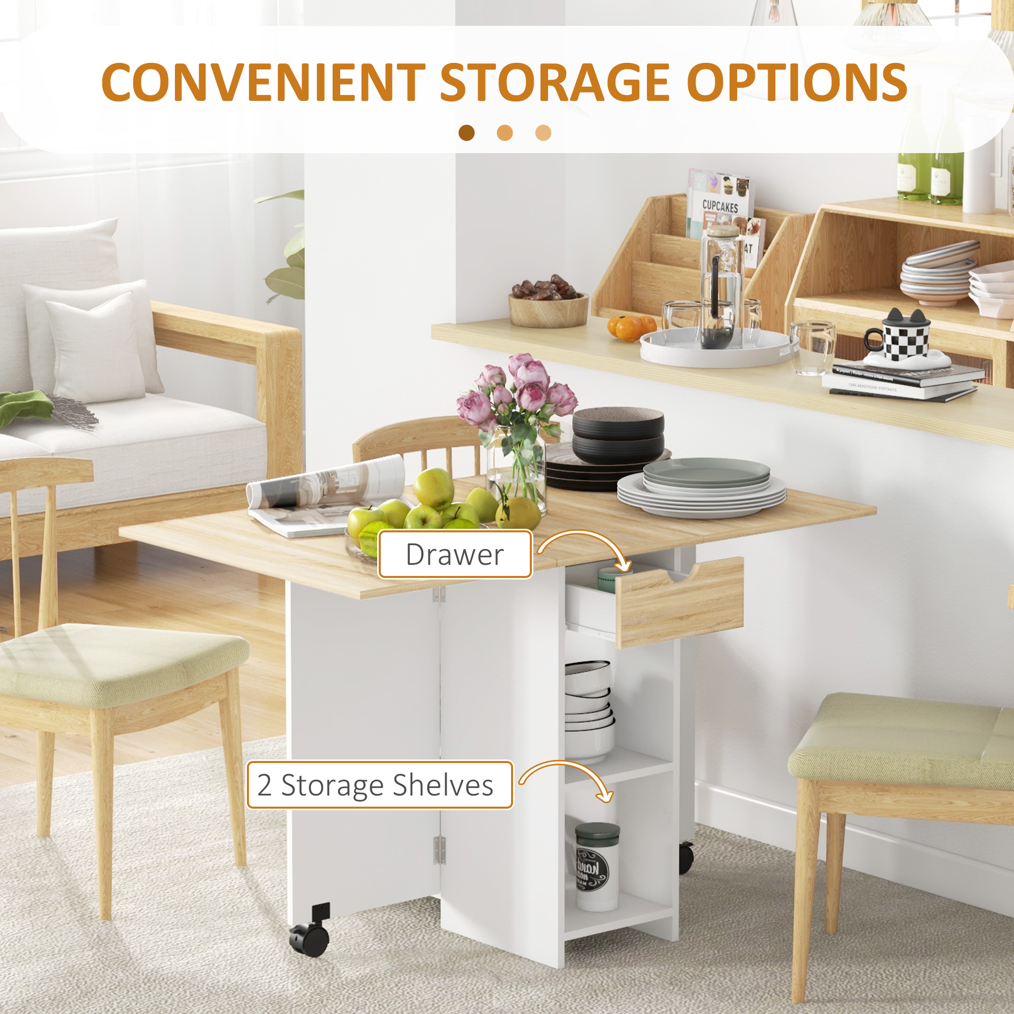 HOMCOM Foldable Dining Table, Drop Leaf Table with Storage for Kitchen, Oak - Image 3