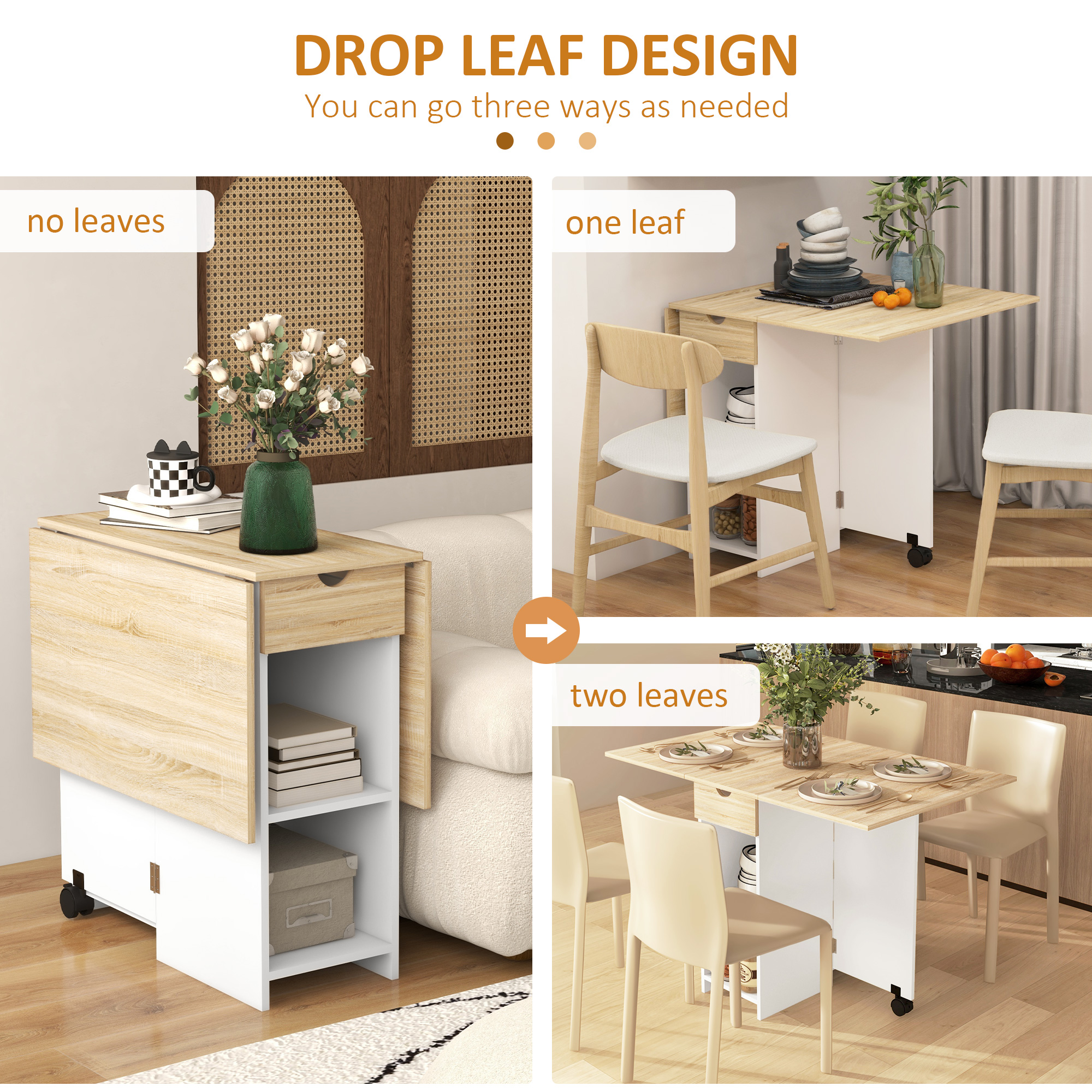 HOMCOM Foldable Dining Table, Drop Leaf Table with Storage for Kitchen, Oak - Image 4