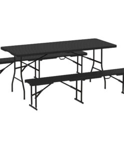 Outsunny Rattan Effect Folding Picnic Table and Bench Set w/ Handles, Black