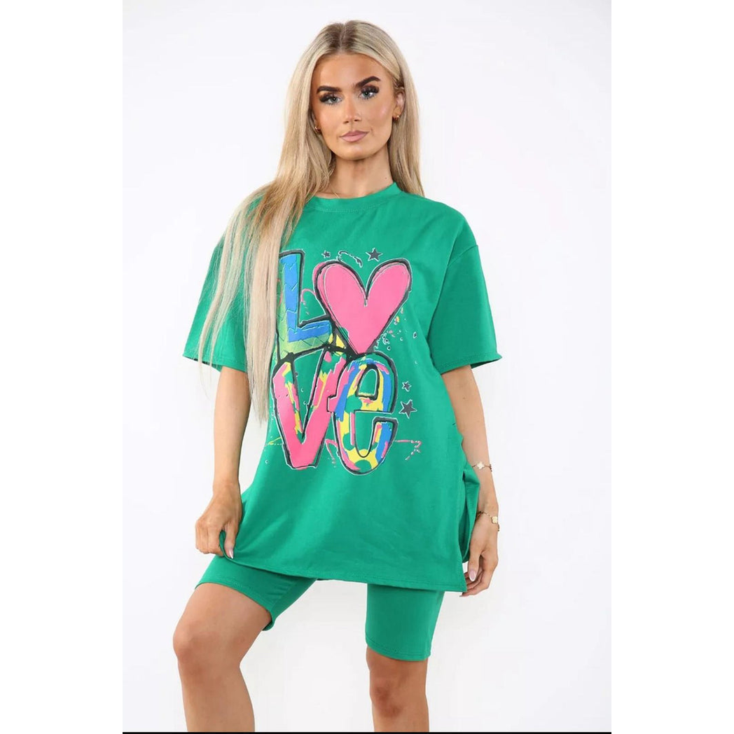 Cycling Short and T-Shirts Co-Ord Two Piece Side Slit Set with Front Printed Slogan - Image 6