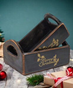 Durable & Stackable Vintage Black Merry Xmas Storage Crate with Compartments Set of 2 – Stylish Display Containers for Home Organization, Garden-Themed, and Home Decor (Merry Christmas Design)