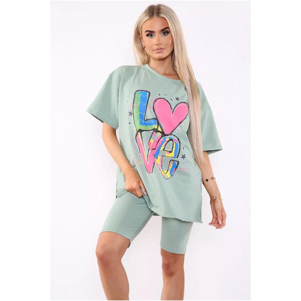 Cycling Short and T-Shirts Co-Ord Two Piece Side Slit Set with Front Printed Slogan - Image 7