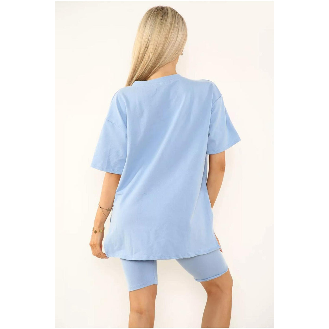 Cycling Short and T-Shirts Co-Ord Two Piece Side Slit Set with Front Printed Slogan - Image 4