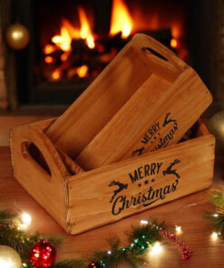 Durable & Stackable Vintage Brown Merry Xmas Storage Crate with Compartments Set of 2 – Stylish Display Containers for Home Organization, Garden-Themed, and Home Decor (Merry Christmas Art)