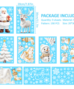 Nepfaivy Christmas Window Stickers Reusable 190Pcs - Double Sided Xmas Window Stickers Christmas Scene, White Christmas Snowflake Reindeer Stickers, Static Window Clings for Christmas Decorations
