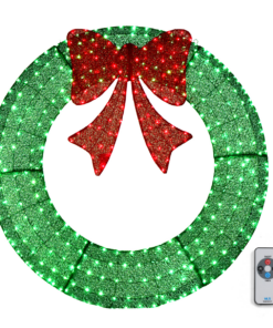 120cm Pre-lit Outdoor Christmas Wreath Decoration, Lighted Metal Wreath with Red Bow, Remote Control LED Lights with Timer, for Front Door Gate Wall Indoor Outdoor Holiday Party, Green