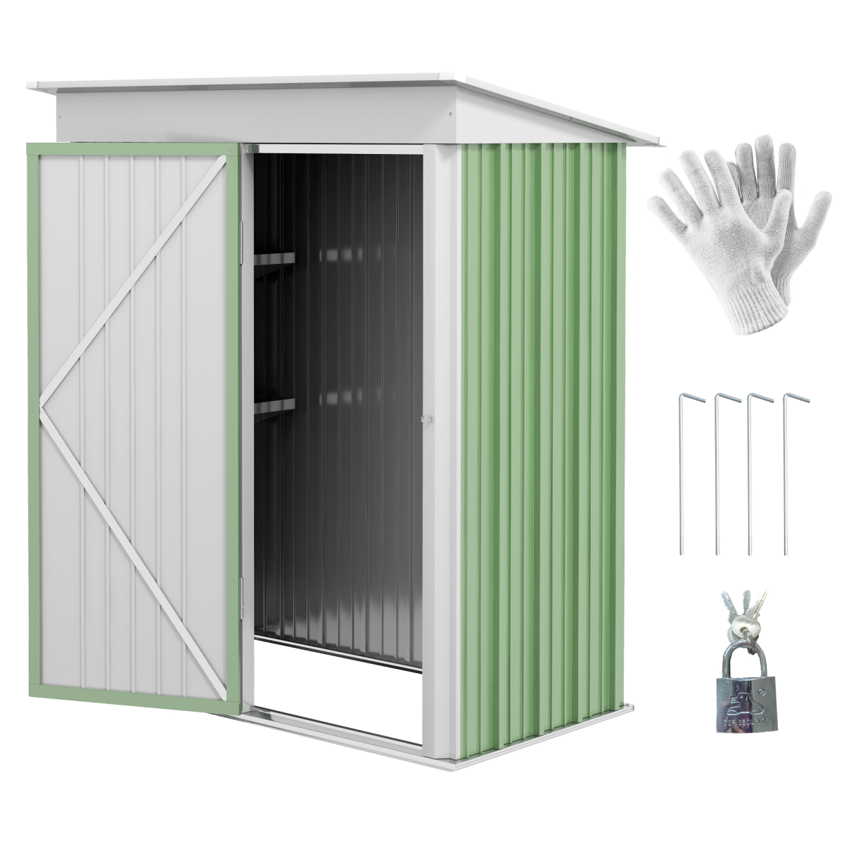 Outsunny 5x3 ft Lean-to Steel Garden Shed, Lockable Door, Green, Small Storage