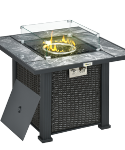 Outsunny 50,000BTU Gas Fire Pit Table w/ Rain Cover, Wind Guard & Glass Stones