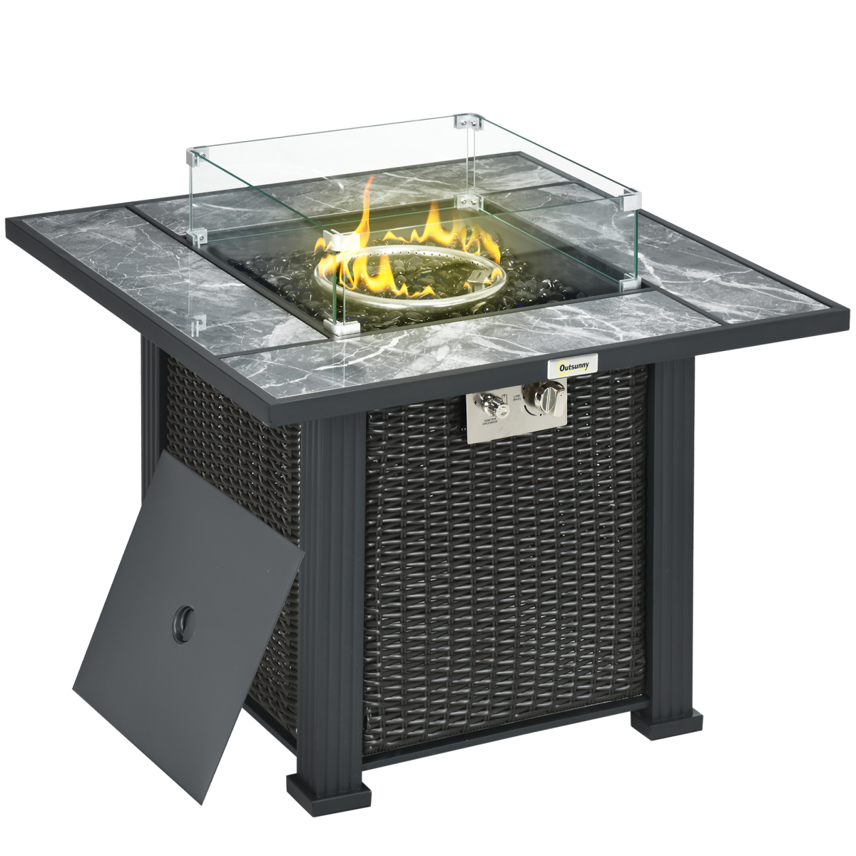 Outsunny 50,000BTU Gas Fire Pit Table w/ Rain Cover, Wind Guard & Glass Stones