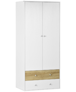 2 Door Wardrobe White Wardrobe with Drawers and Hanging Rod for Bedroom