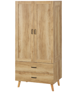 2 Door Wardrobe, Modern Wardrobe w/ 2 Drawer, Hanging Rail for Bedroom Natural