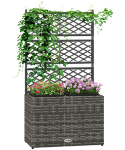 Outsunny PE Rattan Raised Bed Planter Box with Trellis & 2 Square Inserts, 107cm