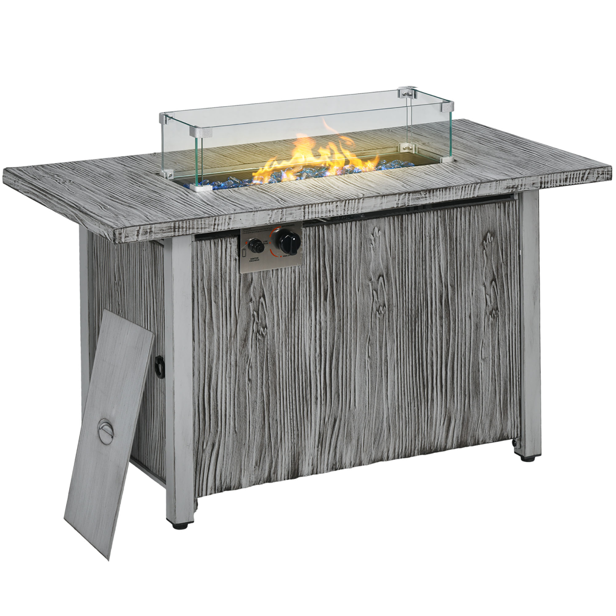 Outsunny Grey Gas Fire Pit Table w/ 50,000 BTU Burner, Cover & Glass Screen