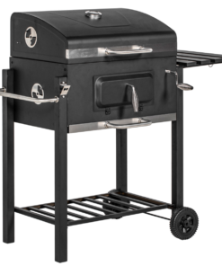 Outsunny Charcoal BBQ Trolley Grill with Wheels, Side Shelf & Thermometer, Black