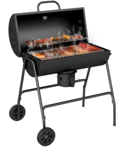 Outsunny Barrel Charcoal BBQ Grill Trolley w/ Ash Catcher & Thermometer, Black